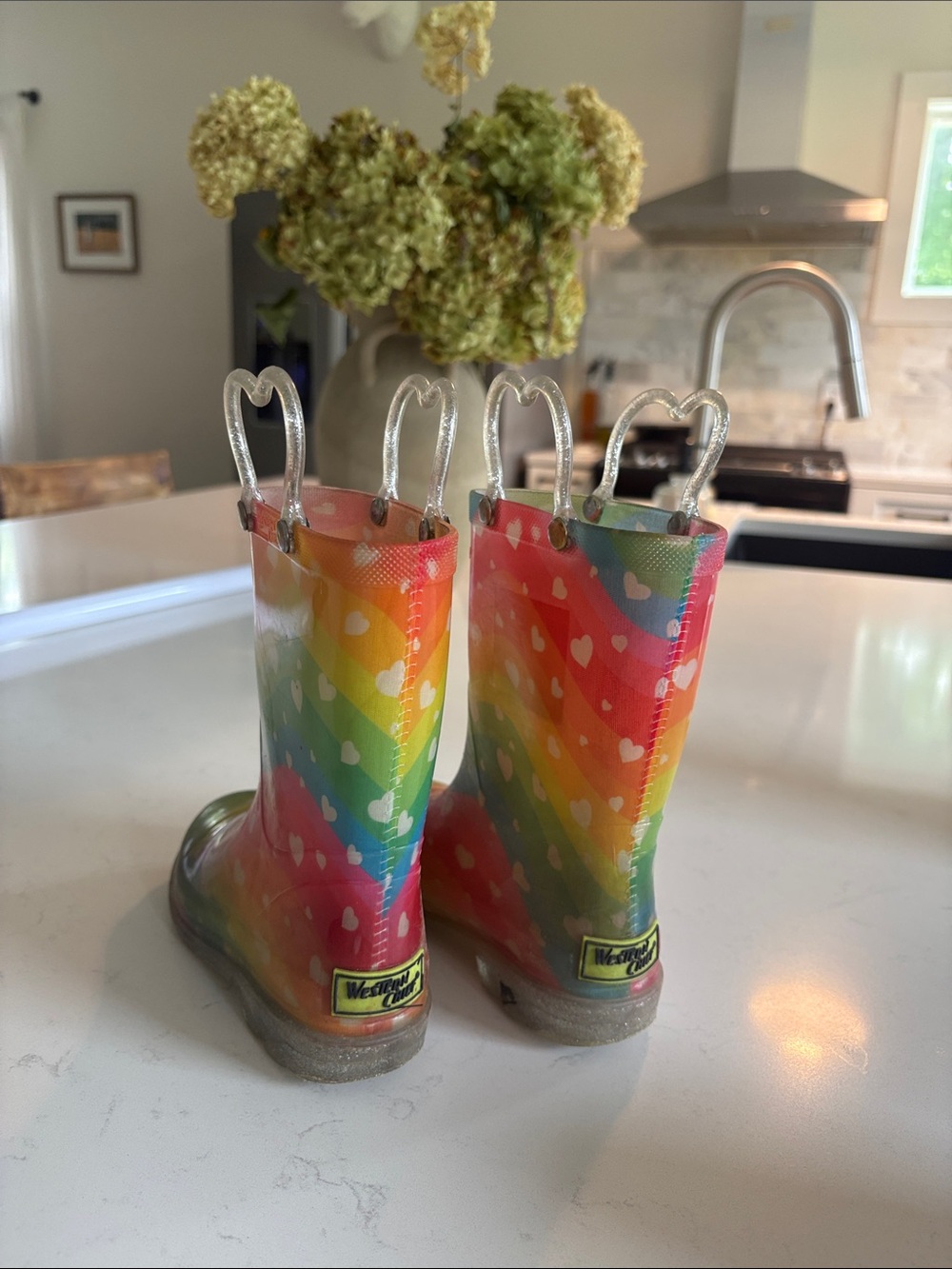 Western Chief Kids Rainbow Heart Rain Boots with Silver Heart Handles